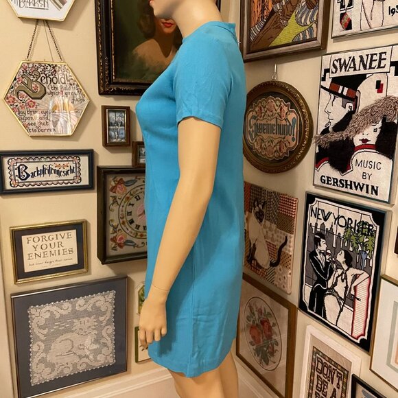 60s Vintage Mod Blue Scoop Neck Short Sleeve Woven Unlined Shift Dress Size 2X - Picture 4 of 6